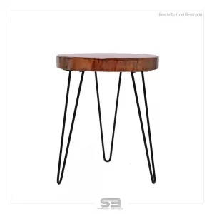 Mesa Resinada de Centro/ Cabeceira Vaduz - Madeira Maciça e Pés de ferro Diâmetro 48 CM